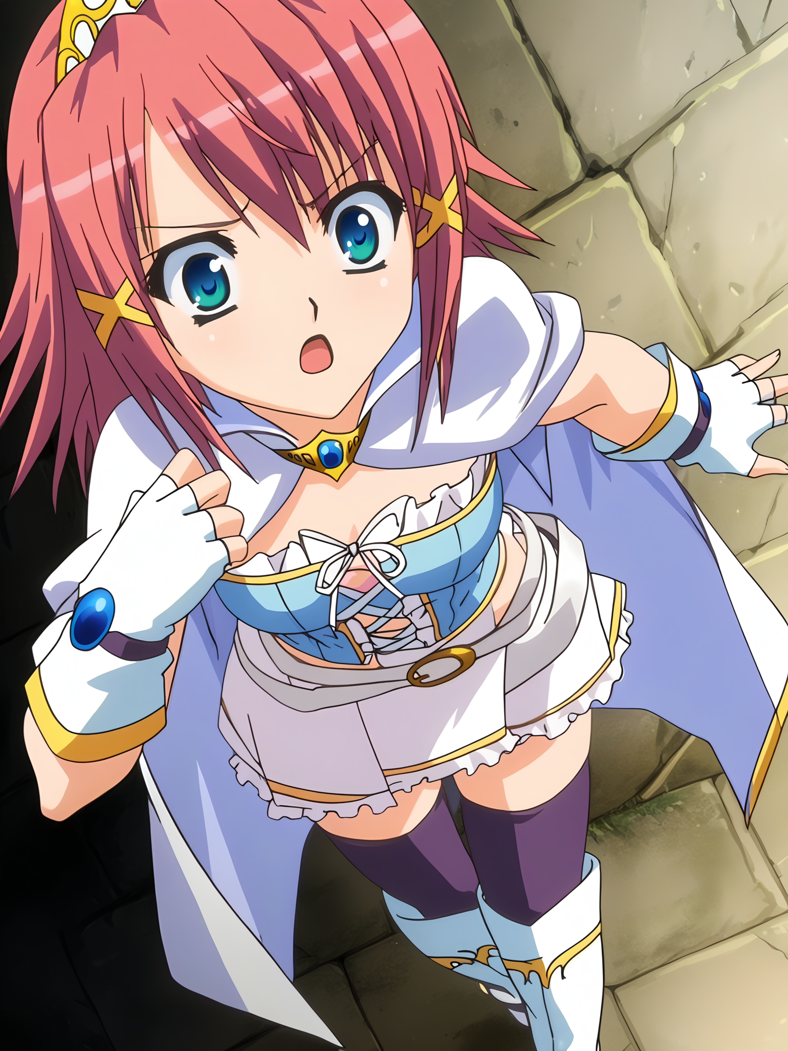 <lora:happy_tentacle-asuka-v0.1-000035:1>, ht_asuka, wizard, skirt, miniskirt, purple thighhighs, thigh boots, white footwear, white belt, white gloves, fingerless gloves, cape , 1girl, solo, upper body , evil eyes , ( surprised :1.1), heavy breathing , looking at viewer, from above