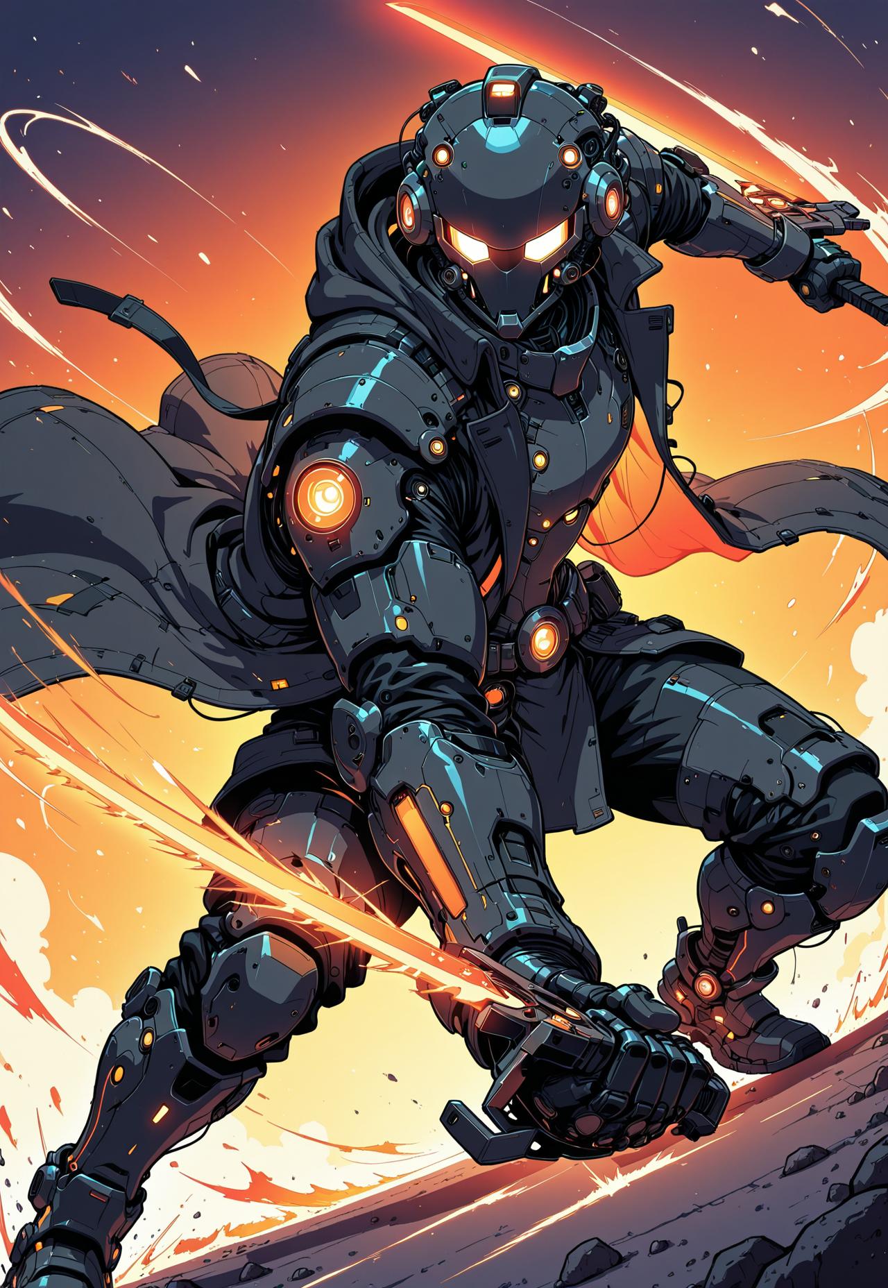 masterpiece, ultra detailed, ultra-detailed, 32K, very aesthetic, 2d, 1man, full armor, black trenchcoat, open coat, hi-tech, sci-fi, neon orange, orange glow, dynamic pose, fighting stance, (motion effect:1.5), dual wield, holding swords, glowing blade, zzCitronLegacy, in the style of cknc,