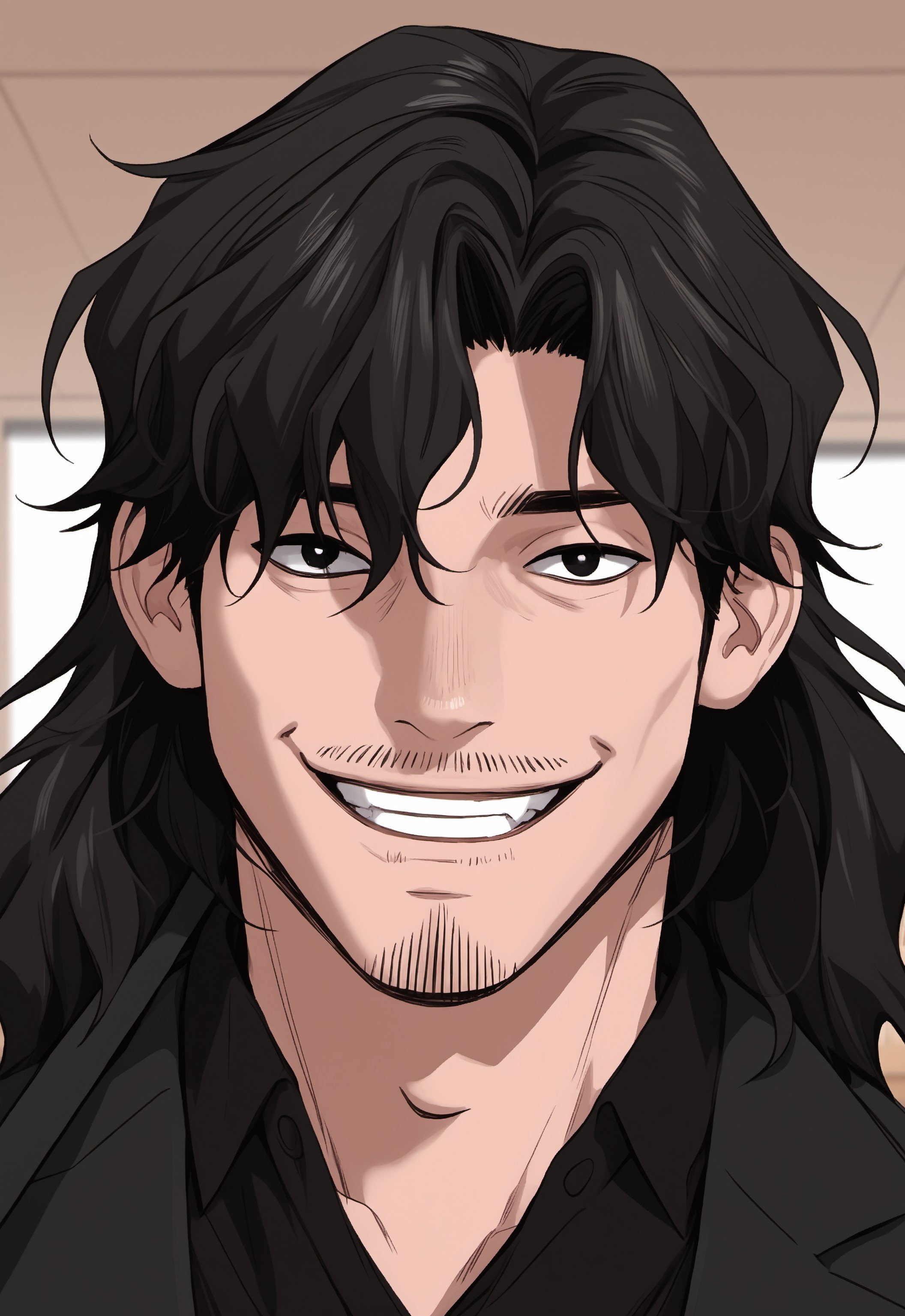safe_pos, safe_pos, score_9, score_8_up, score_7_up, rating_nsfw, ultra hd, absurdres, masterpiece, best quality, best aesthetic, solo, 1boy, male focus, erotic, mature male, Expressiveh, wolfconf,

GSHwajinNa, black hair, facial hair, black shirt, black jacket, stubble, long hair, black eyes, korean manhwa, smiling, looking at viewer, smile, portrait, school background