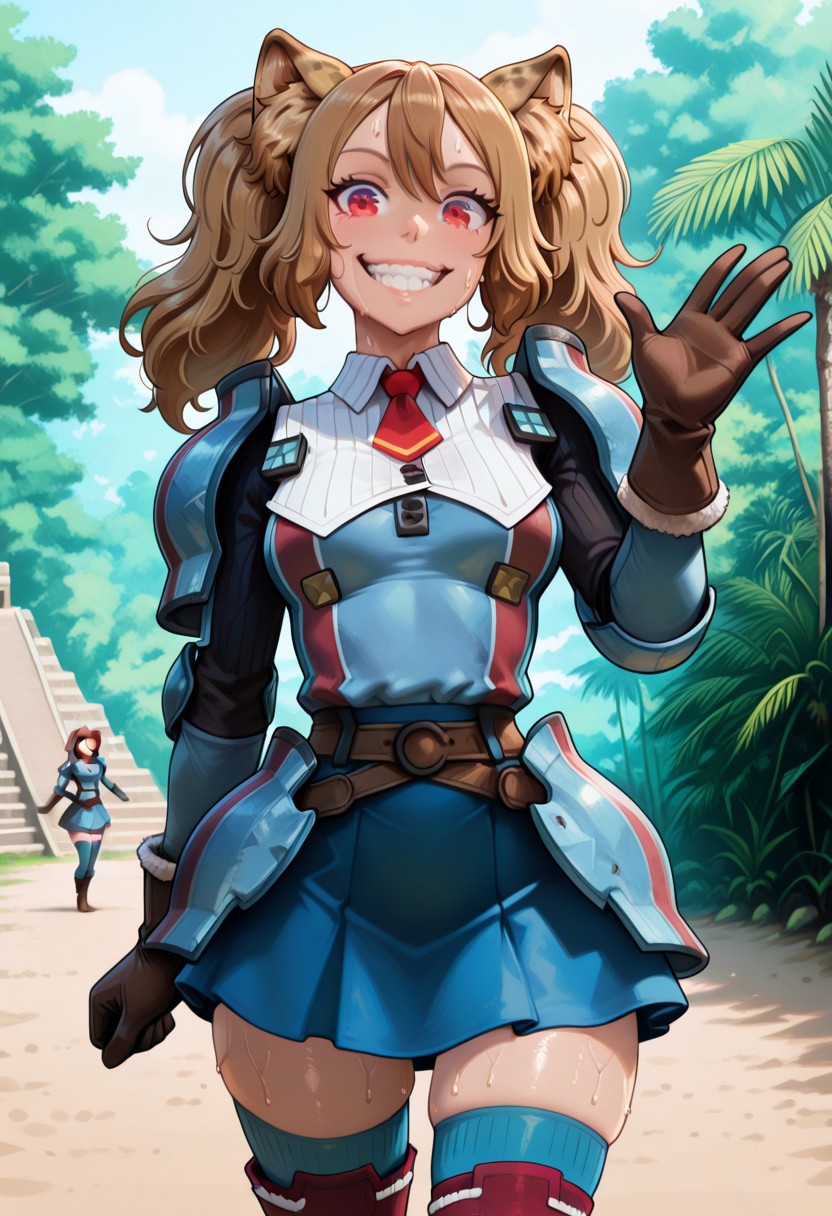 1 girl, LovUEruza, light brown hair, EruRedEyes, red eyes, EruPigtails, CheetahEars, EruSharpTeeth,
 blue armor, striped armor, shoulder armor, collared shirt, ribbed shirt, red necktie, short necktie, brown gloves, blue skirt, blue thighhighs, red striped thighhighs, brown boots,
sweaty, spunky grin, open mouth, looking at you, looking at the viewer, posing for a photo, she is visiting Chichen Itza but it too hot, piece hand gesture, 
outdoors, green lush jungle, Ch1chen,,
cowboy shot,
HateIsOn,
masterpiece, best quality, newest, absurdres, highres, ,amazing quality, (masterwork, masterpiece, best quality, hyper-detailed, 8k uhd::1.4),
IllusP0s, masterpiece,best quality,amazing quality,very aesthetic,high resolution,ultra-detailed,absurdres,newest, masterpiece, best quality, amazing quality, very aesthetic, detailed eyes, perfect eyes, realistic eyes, IllusP0s