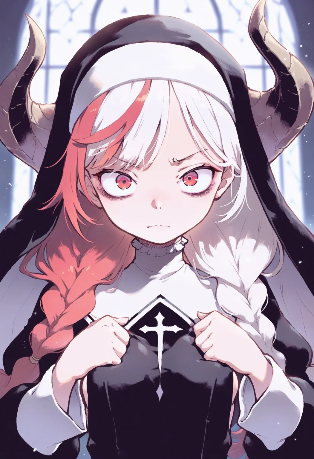 masterpiece,best quality,amazing quality,
1girl, red eyes, solo, long hair, braid, multicolored hair, red hair, looking at viewer, twin braids, bangs, two-tone hair, white hair, upper body, frills, nun, closed mouth, horns, long sleeves, black dress, dress,
 <lora:Suzuki Kyoutaro-000009:1>