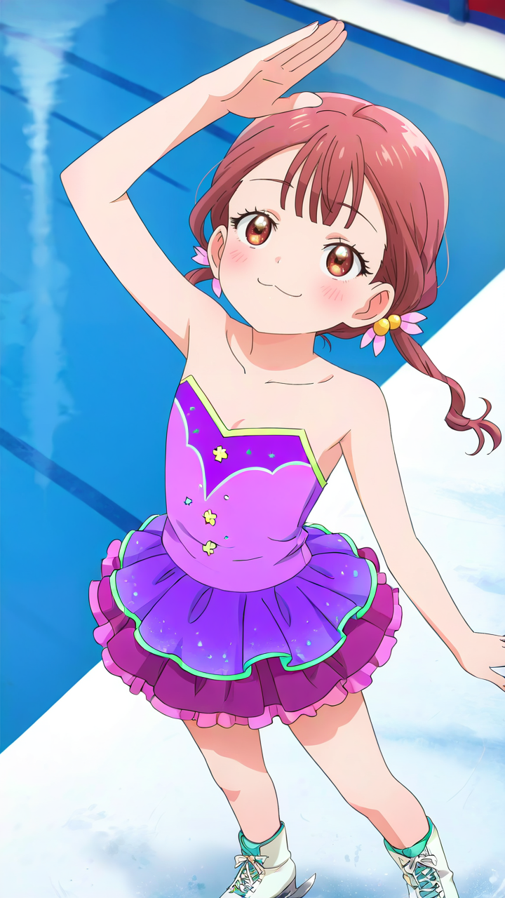 1girl,full_shot,looking_at_viewer,solo,anime screenshot,Kamoto_Suzu,smile,skater skirt,:3,ice skates,skates,arm up,standing,layered skirt,rink,skirt,looking_up,from_above,<lora:Kamoto_Suzu_Illustrious_v3:1>,bare shoulders,purple skirt,, masterpiece, best quality