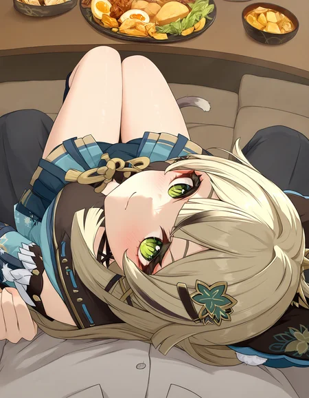 <lora:midis_PovOverShoulder_V.5[NAIXL-vPred]:1>, povovershoulder, kirara \(genshin impact\), head leaning against viewer, sitting, lunch, pov, cuddling, perspective,, masterpiece,best quality, very aesthetic,absurdres,newest,