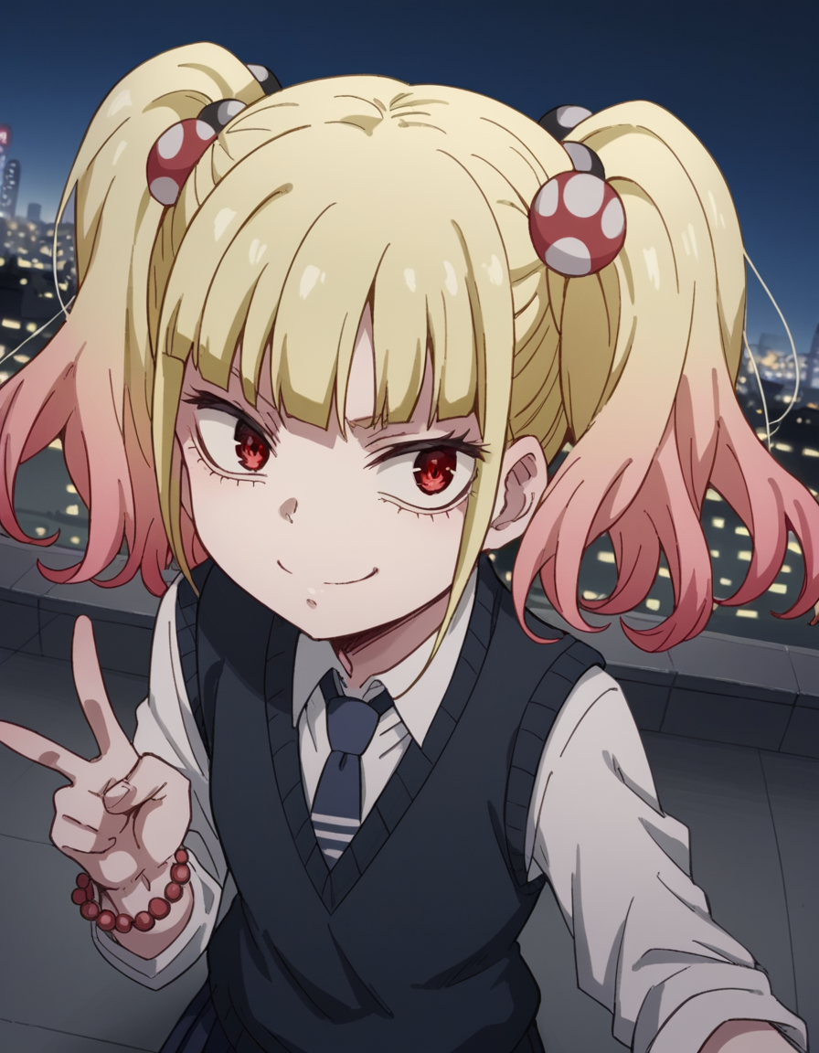 score_9, score_8_up, score_7_up, source_anime, <lora:yuria-niguredou-s1-ponyxl-lora-nochekaiser_r1:1>, yuria niguredou, bangs, blonde hair, hair ornament, red eyes, twintails, pink hair, multicolored hair, gradient hair,, skirt, shirt, jewelry, school uniform, pleated skirt, necktie, bracelet, sweater vest, beads,, city skyline, rooftop view, night time, city lights, quiet reflection, smile, , v, v over mouth, smug,, solo,, dutch angle, cowboy shot