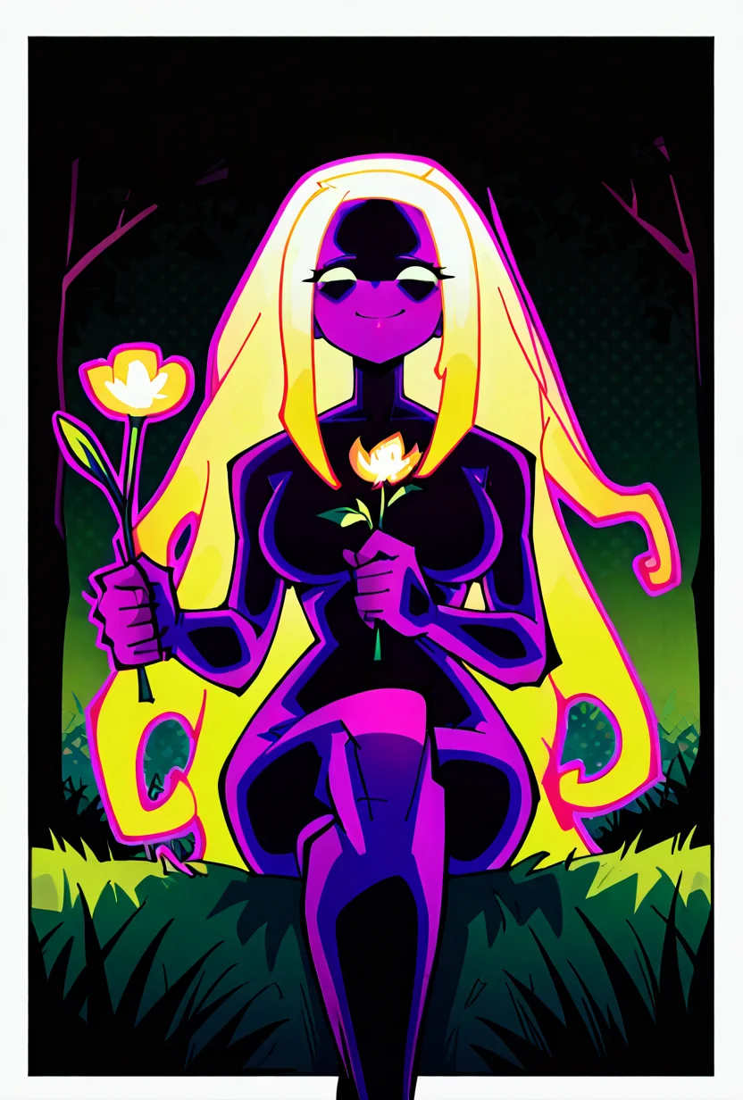 <lora:anodite-10:1> anodite, colored skin, no pupils, blank eyes, very long hair, breasts, glowing hair, forehead, purple body, black body,, round head, purple outline, , smile, dynamic pose, , facing viewer<lora:sakfsdajfkasd:1> alpharecdyt, tentacle hair, under tree, green grass, holding flower, ((crossed legs, legs,)) , side view, foreground blur,, masterpiece, best quality, amazing quality, very aesthetic, absurdres, newest,, upper body, halftone effect, white borders, abstract background:1.2,