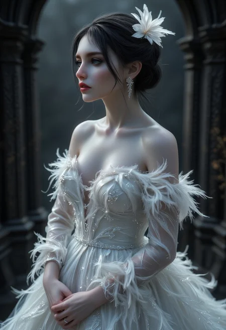 A gothic, high-contrast portrait of a noblewoman standing in a surreal and ethereal setting. She is adorned in a detailed, feathered white gown that contrasts elegantly with her porcelain skin, creating a sense of purity and mystery.
<lora:Dever_Flux_Enhancer:0.5>
<lora:midjourney_whisper_flux_lora_v01:0.65> Midjourney_Whisper
<lora:Midjourney_-_SemiReal_Dreams_FLUX_LoRA:0.65>
<lora:Dreamy_Illustrations_FLUX_LoRA-000001:0.65>