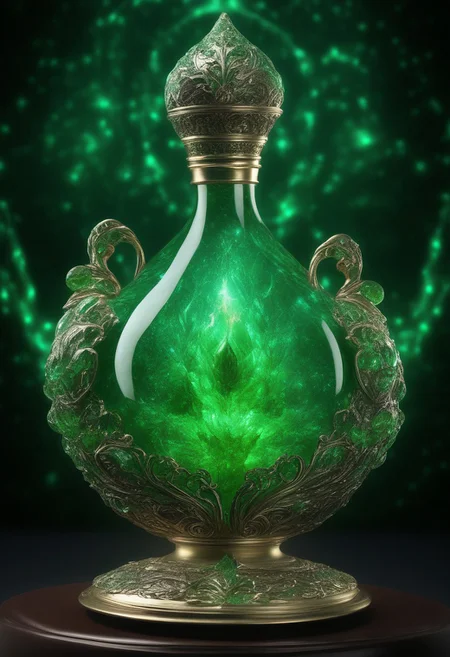 Score_9, Score_8, high_def, highest quality, 4k, best quality, masterpiece, focused, defined, Photorealistic magic potion, intricate glass bottle, elixir, vibrant green and tealcolors, ethereal light, wax seal, flashy lights, magic lights, luminous, dynamic reflections, magical aura, highly detailed, fantasy essence, glowing particles, radiant aura