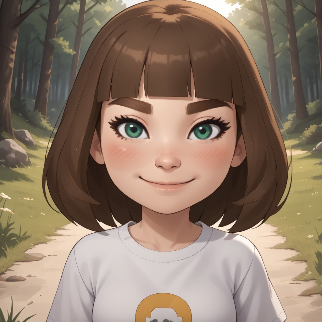 score_9, score_8, BREAK, solo, mii, wii u, wii sports club, 1girl, female mii, cute, green-ish brown hair, brown eyebrows, white skin, green eyes, small nose, blush, smile, long hair, fringe, white clothing, white pants, sneakers, small breasts, Millie_(\Wii_Sports_Club\), Nintendo Mii, modern_mii, classic_mii, sexy pose, self portrait, smile, outdoors, sunlight, shadows, evening lighting, natural lighting, forest, trees, grass, orange sky, sunset
