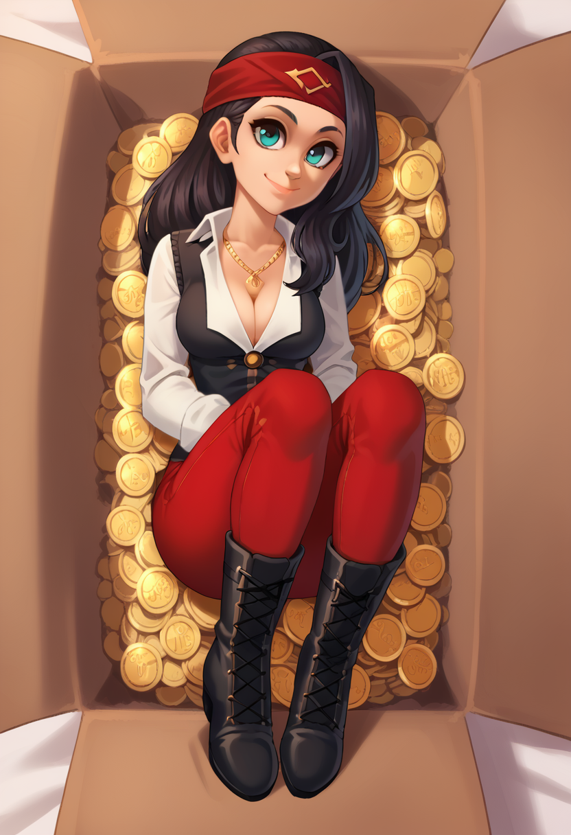 score_9, score_8_up, score_7_up, 1girl, solo, sulfs-patr2, black vest, white shirt, necklace, red pants, black hair, long hair, red headband,
black boots, gold coins, smile,
<lora:Patty_Steelbeard_Character__Outfit_-_Risen_2_Dark_waters:0.8>,  <lora:Your shipment have arrived (pony) v1:1> insidebox, in box, in container, cardboard box,   <lora:MysticalPlantPenetratorPDXL:1> source_cartoon, lineless,