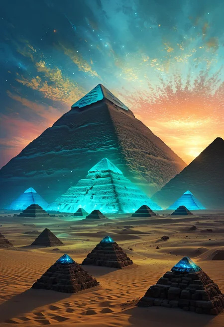 (by Ellen Jewett:1.5), (Bioluminescent Impressionism, Egyptian landscape, The Dreamland, Egyptian desert, sand, rock, great pyramids, fine pyramids, smooth pyramids, techno pyramids with great beams of light shooting up into the sky, sky sunset, sunrise ,waterfall, ethereal landscapes, depth of field, biotech emotion:1.3) <lora:xl_more_art-full_v1:0.5> <lora:add-detail-xl:1> <lora:RMSDXL_Creative:2>
