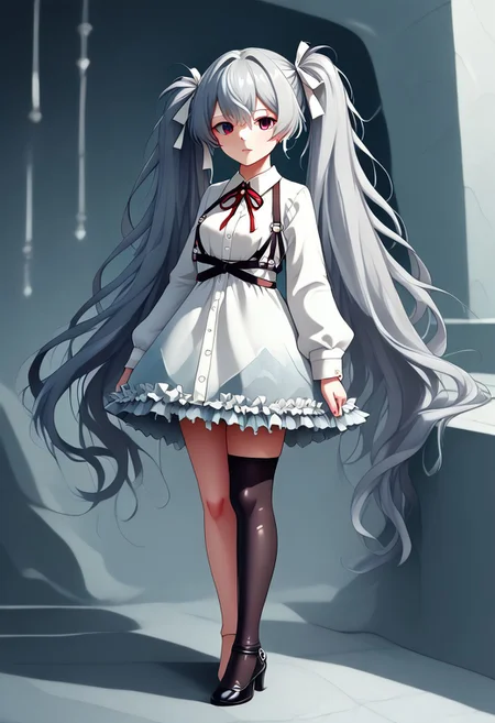 (masterpiece,best quality,ultra_detailed,highres,absurdres:1.2), zuppu11, score_9, score_8_up, full body, human, solo, female focus, 25-jimiku, grey hair, twintails, hair ribbon, heterochromia, blue eyes, red eyes, look at viewer, frills, white dress, frilled dress, neck ribbon, red ribbon, chest harness, long sleeves, single thighhigh, black thighhighs, Expressiveh, flx$tyl3