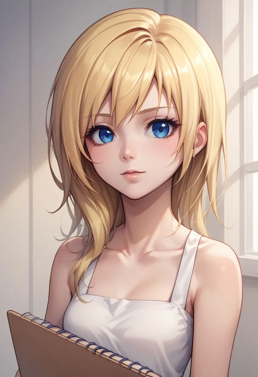 score_9, score_8_up, source_anime, highly detailed, 1girl,
namine, 1girl, solo, blonde hair, blue eyes, long hair, looking at viewer, sketchbook,
bare shoulders, upper body,
indoor,