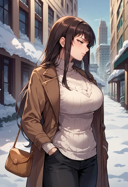 score_9, score_8_up, score_7_up, source_anime, 1girl, cowboy shot, closed mouth, half-closed eyes, profile, <lora:KarlaFE-pdxl:1> defKarla, long hair, grey eyes, large breasts, brown jacket, black pants, outdoors, city, snow, handbag, white sweater, hand in pocket