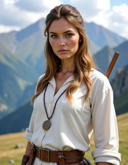 Dacian a woman with a falx and a white shirt is standing in front of a mountain. <lora:DaciiV6:1>