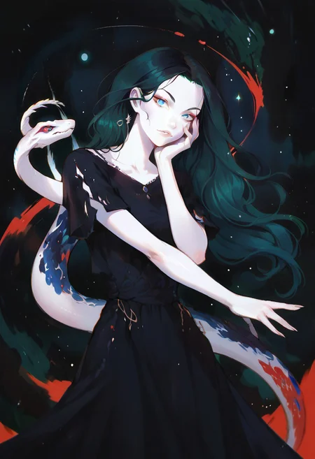 score_9, score_8_up, score_7_up, score_6_up, score_5_up, PRSNL_3_1, <lora:watXLP:0.7> wat, 1girl, solo, black background, blue eyes, white skin, looking at viewer, white snake with red eyes, abstract, curvy, starry sky, long hair, black dress, green hair,