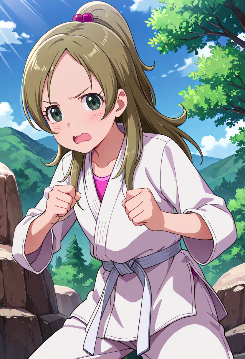 masterpiece, best quality, absurdres, very aesthetic, general,
minamino kanade, dougi, 1girl, brown hair, half updo, solo, open mouth, long hair, eyelashes, hair bobbles, tree, hair ornament, clenched hands, day, blonde hair, looking at viewer, sunlight, blush, light rays, ponytail, cloud, karate gi, brown eyes, d:, outdoors, sunbeam, white belt, green eyes, light brown hair, black eyes, wavy mouth, blue sky, karate, short hair, martial arts, rock, mountain, grey eyes, angry, martial arts belt, anime coloring, 
 <lora:cure_rhythm_minamino_kanade_illustXL_locon_v1:0.7>