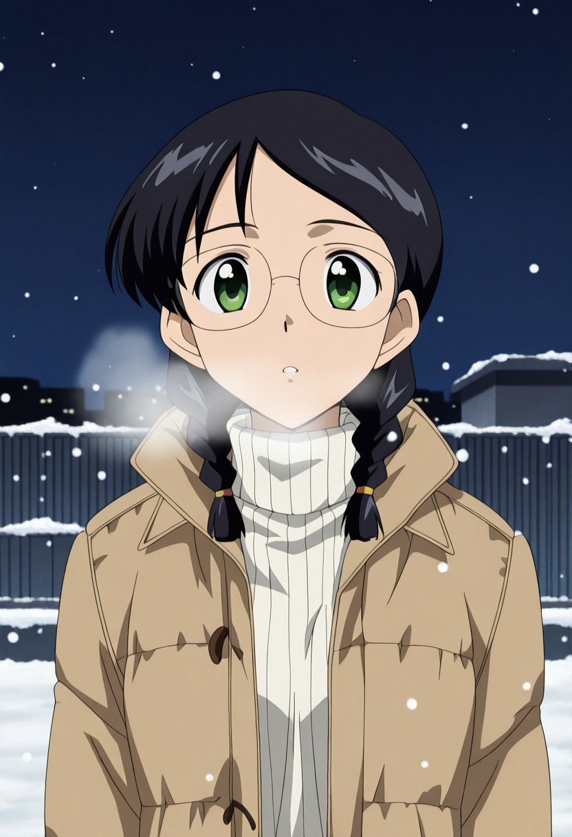 1girl, source anime, anime screencap,Yuukianime, black hair, glasses,, twin braids, green eyes, jacket, coat, turtleneck, breath, snow, outdoors, night sky, rooftop, upper body