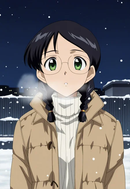 1girl, source anime, anime screencap,Yuukianime, black hair, glasses,, twin braids, green eyes, jacket, coat, turtleneck, breath, snow, outdoors, night sky, rooftop, upper body