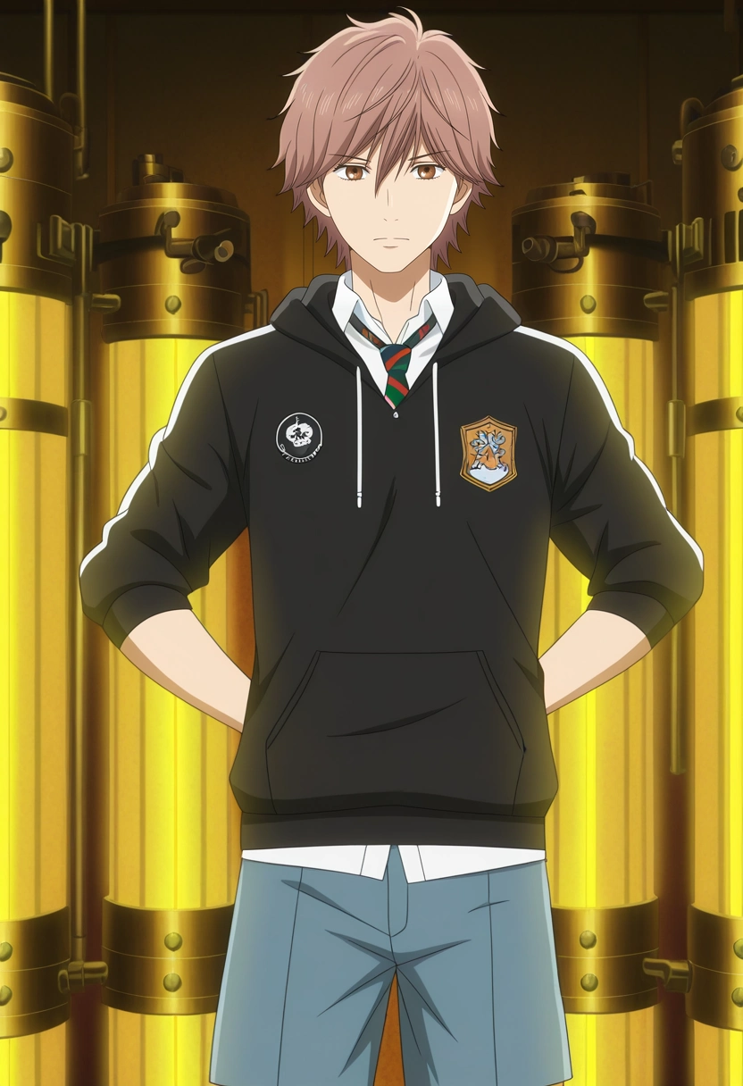masterpiece, best quality, , anime screencap, anime coloring, official style, looking at viewer, 1boy, solo, male focus, <lora:taichi_mashima_ilxl:0.96>, taichi_mashima, brown hair, brown eyes, short hair, bangs, hair between eyes, white shirt, collared shirt, striped necktie, steamworks foundry, gear-driven machines, heated chambers, brass towers, inventing pose, innovative expression, mechanical glow, Pleated shorts, Rugby hoodie, , ,
