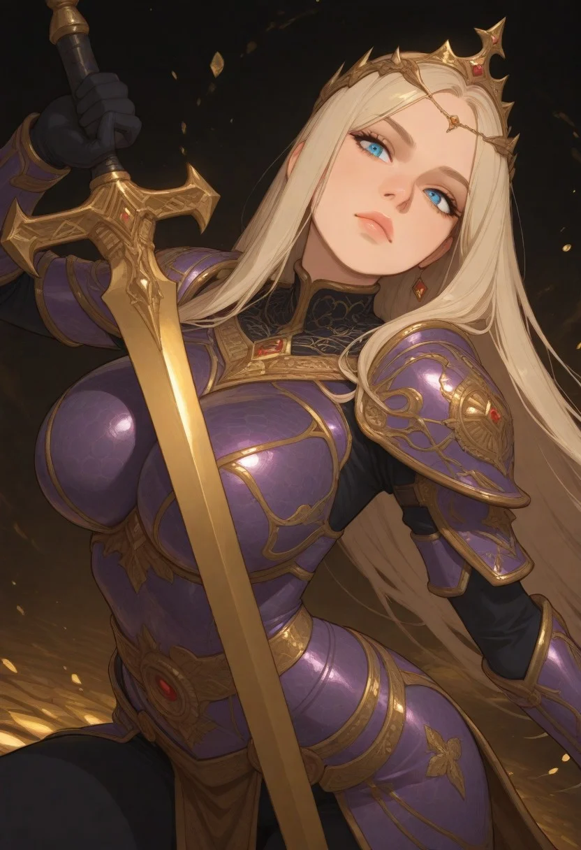 HDR, 8K, high contrast, masterpiece, best quality, amazing quality, very aesthetic, realistic, newest, volumetric lighting, (artist:incase:0.5), (artist:tsuaii:0.5), (flat colors:2), ultra detailed,
1girl, attractive, big eyes, blue eyes, light blonde hair, (long hair), (long straight hair:1.4), parted bangs, hair on face, long hair strands, long hair ahead, long bangs, detailed hair, ear behind hair, hidden ears, makeup, plump lips, lipstick, large breasts, curvy, looking at viewer, head tilt, hair flowing, Expressiveh,
warrior, heavy armor, purple armor, detailed gold patterns, gold plates, royalty, princess, tiara, gold/purple/black aesthetic, heavy jewelry, gold designs, large sword, warrior pose, striking pose, magic, fully covered. arched back, ready for combat, fighting pose,
dynamic angle,