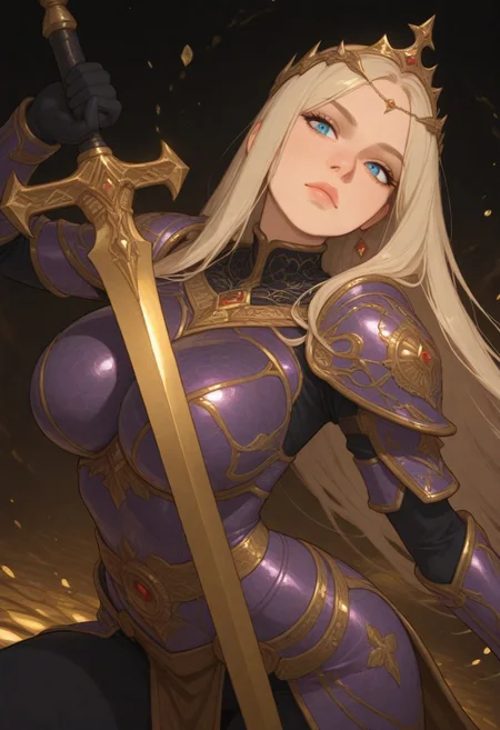 HDR, 8K, high contrast, masterpiece, best quality, amazing quality, very aesthetic, realistic, newest, volumetric lighting, (artist:incase:0.5), (artist:tsuaii:0.5), (flat colors:2), ultra detailed,
1girl, attractive, big eyes, blue eyes, light blonde hair, (long hair), (long straight hair:1.4), parted bangs, hair on face, long hair strands, long hair ahead, long bangs, detailed hair, ear behind hair, hidden ears, makeup, plump lips, lipstick, large breasts, curvy, looking at viewer, head tilt, hair flowing, Expressiveh,
warrior, heavy armor, purple armor, detailed gold patterns, gold plates, royalty, princess, tiara, gold/purple/black aesthetic, heavy jewelry, gold designs, large sword, warrior pose, striking pose, magic, fully covered. arched back, ready for combat, fighting pose,
dynamic angle,