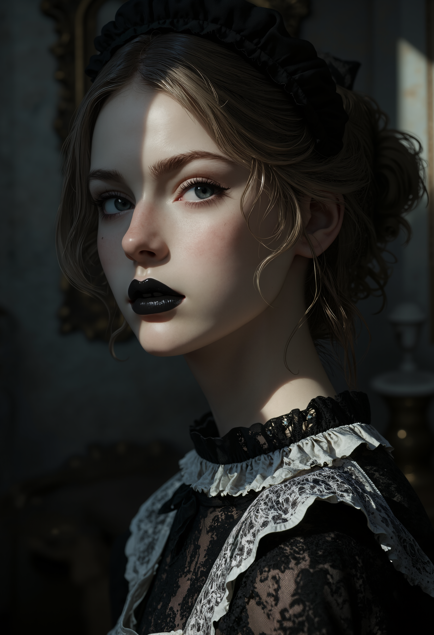 Photorealistic, photograph, front view photograph, half bust portrait of a young goth European woman, age 18, with a delicate features, long eyelashes, black lipstick, blue eyes, blonde bob.
She's slim, slender, petite.
Chiaroscuro lighting. Sun light comes from the side casting sharp shadows on her face creating contrast of light hitting one side of her face
She wears a lace Jed-frmd balck and white maid dress and black frilled headgear.
Seductive, passionate, elegant expression. 
The background a victorian gothic room.
aidmaMJ6.1