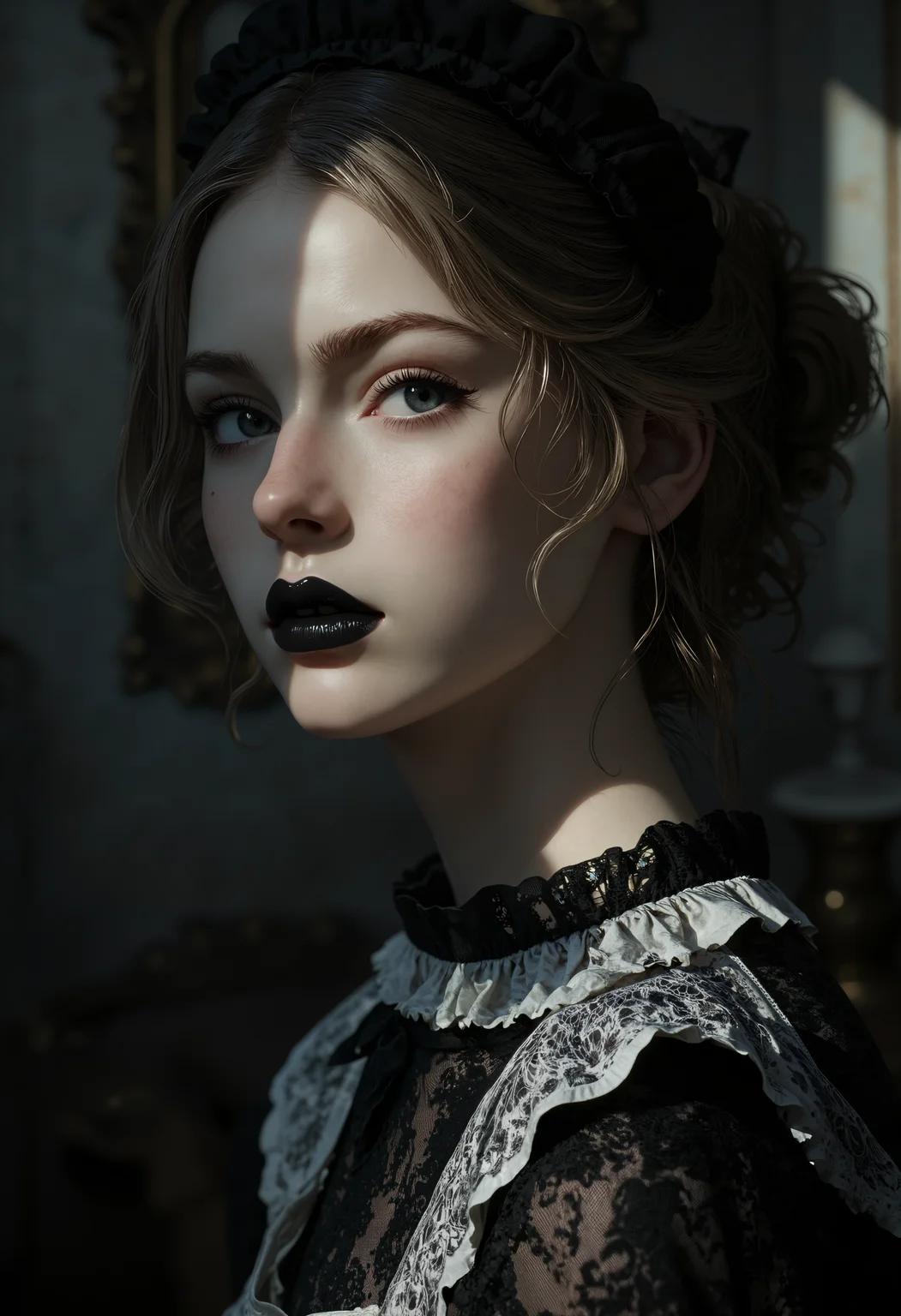 Photorealistic, photograph, front view photograph, half bust portrait of a young goth European woman, age 18, with a delicate features, long eyelashes, black lipstick, blue eyes, blonde bob.
She's slim, slender, petite.
Chiaroscuro lighting. Sun light comes from the side casting sharp shadows on her face creating contrast of light hitting one side of her face
She wears a lace Jed-frmd balck and white maid dress and black frilled headgear.
Seductive, passionate, elegant expression.
The background a victorian gothic room.
aidmaMJ6.1