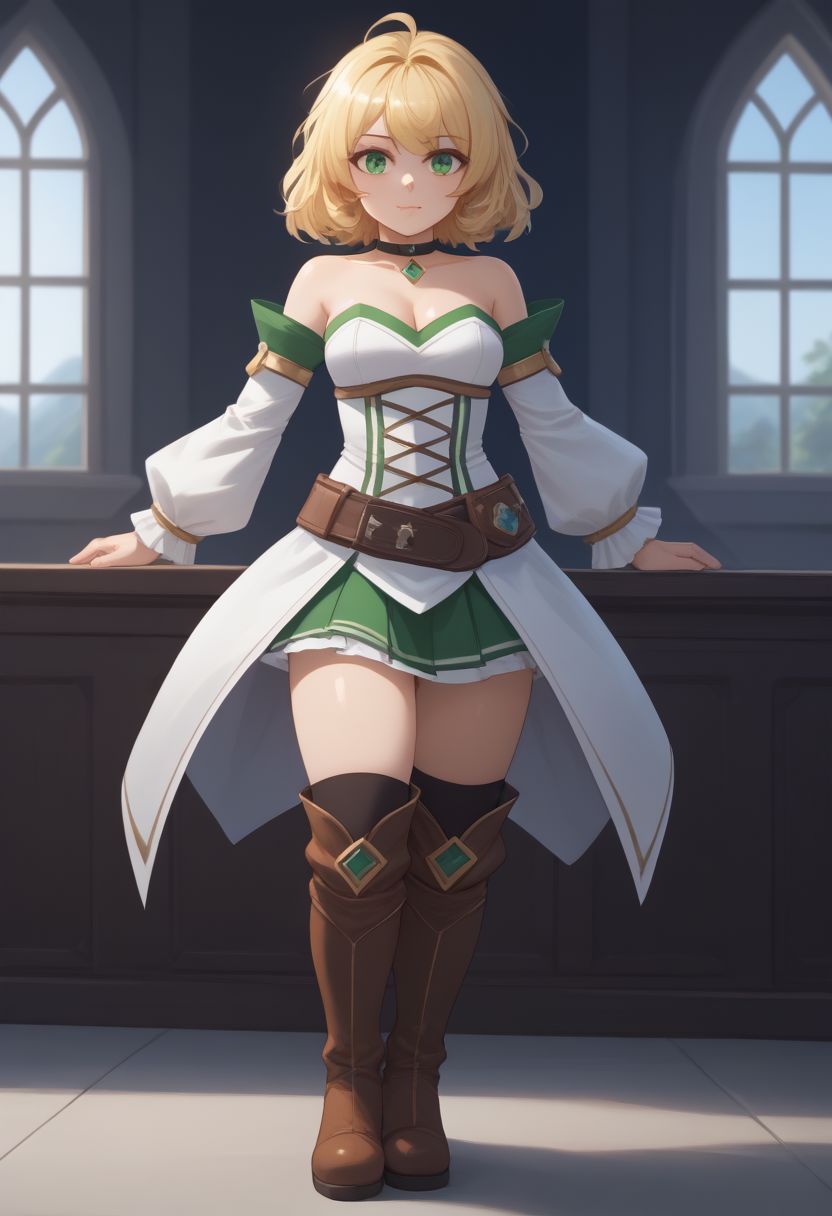 high quality, solo, 1girl, FioraDE, green eyes, blonde, medium hair, white bralette strapless, detached sleeves, skirt, thighhighs, boots, choker,