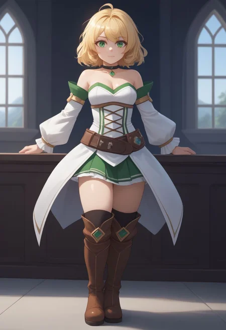 high quality, solo, 1girl, FioraDE, green eyes, blonde, medium hair, white bralette strapless, detached sleeves, skirt, thighhighs, boots, choker,