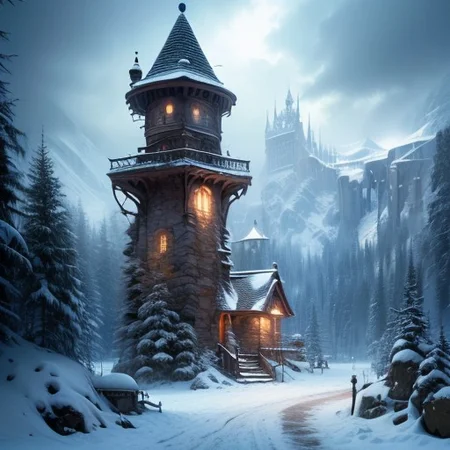 realistic analog photo, award winning photo, vary wide shot of magic stone witow, (Military watchtower) with Icicle:1.3, scenery, snow, fantasy, path, nature, outdoors, RAW, highres, 8k, uhd, High Dynamic Range, tonemapping, crisp details,