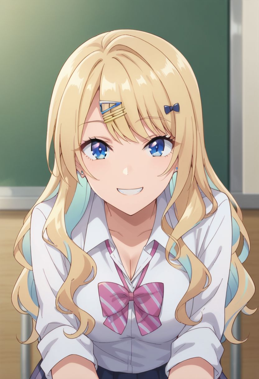 score_9, score_8_up, score_7_up,shirakawa runa, 1girl, blonde hair, solo, skirt, blue eyes, smile, hair ornament, gyaru, hairclip, bow, school uniform, long hair, looking at viewer, shirt