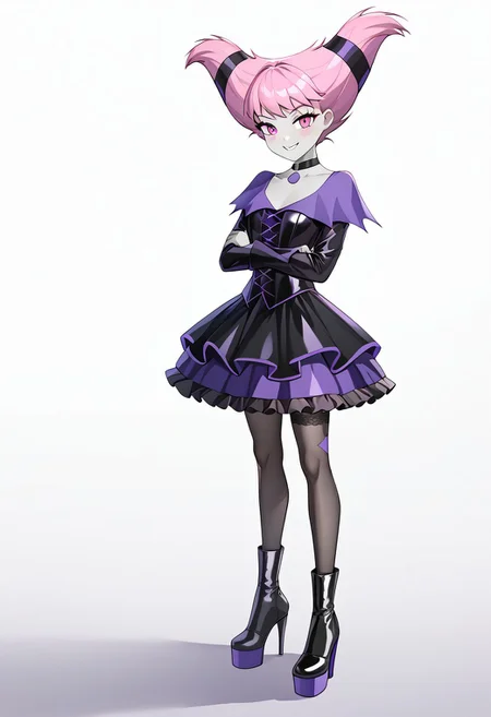 solo, 1girl, Petite, small bust, short pink hair, pale grey skin, pink eyes, blush, black corset-style dress with violet laces and frills, layered skirt with violet trim, long sleeves with flared ends, black lace stockings, black high-heeled boots, black choker with violet medallion, standing with arms crossed and a sly smile