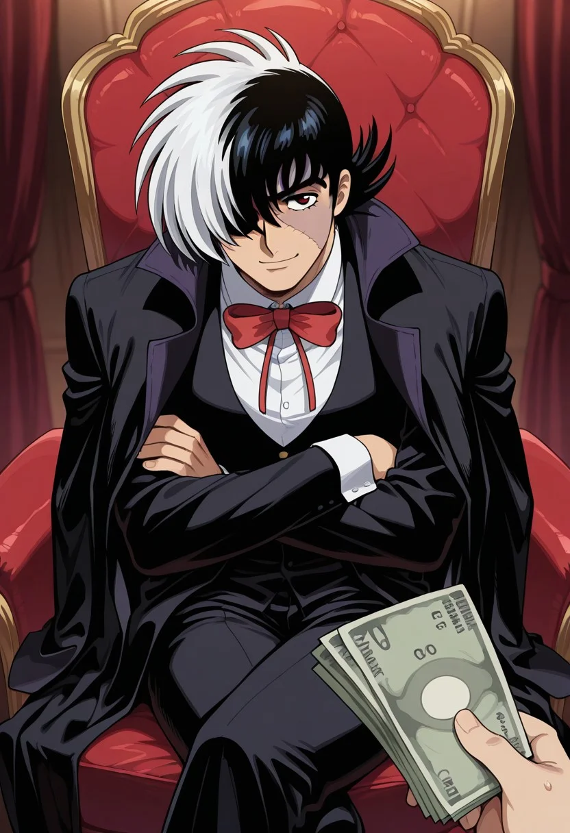 1boy, (black jack \(character\):1.8), black jack \(series\), two-tone_hair, scar, patchwork skin, red bow, neck ribbon, black sleeves, coat on shoulders, light-smile, black suit, collared shirt, white shirt, looking at viewer, crossed arms, (crossed legs), light smile, doctor, holding money pov, holding money, money, masterpiece, best quality, amazing quality,