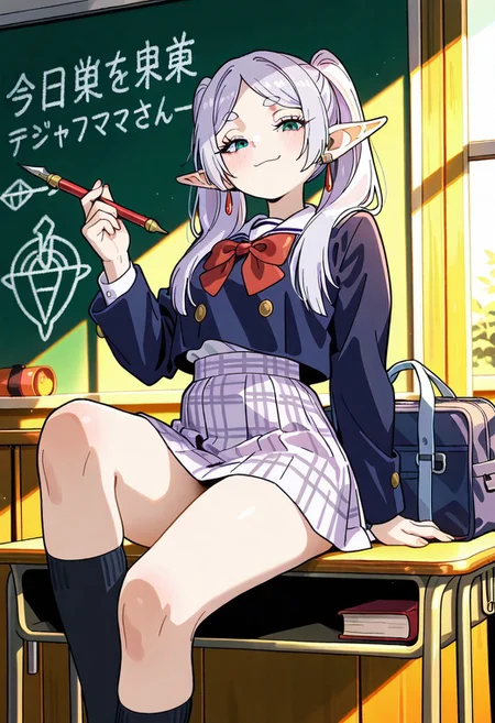 masterpiece,best quality,amazing quality,very aesthetic,absurdres,newest,   skirt, bag, pointy ears,  , socks, earrings, school bag, holding, jewelry, school uniform, detaioled background, red bow, blackboard, smug face, 
frieren,dark blue jacket, checkered skirt, classroom, she sit on a desk, panty peek:1.2, she lift her skirt hem
Yamashita_shunya_STYLE,