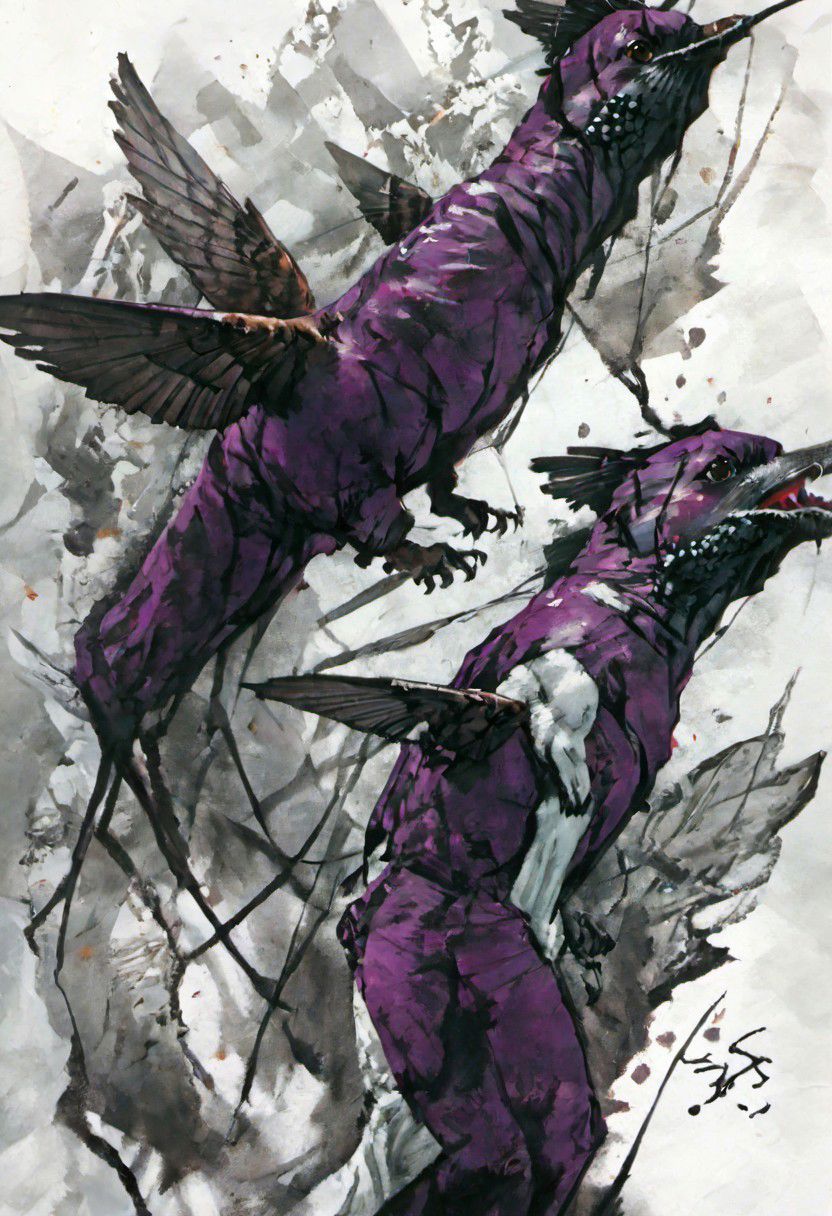 style inspiration Art by Jim Mahfood, Henry Asensio, Vector Create a tattoo with an exquisite ink design on white paper that makes the perfect multi-exposure piece of art. This piece was designed to combine the dimensional hue of purple hibiscus with the hyper-realistic style of a hummingbird. Tattoo, Minimal Solid Letterhead, Dark Fantasy, Poster, Photography, Painting. Vivid, Fashion, Wildlife Photography, Concept Art,