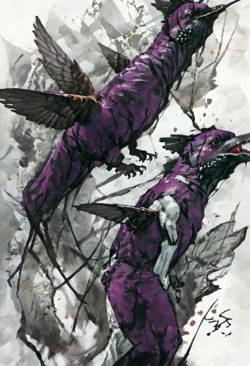 style inspiration Art by Jim Mahfood, Henry Asensio, Vector Create a tattoo with an exquisite ink design on white paper that makes the perfect multi-exposure piece of art. This piece was designed to combine the dimensional hue of purple hibiscus with the hyper-realistic style of a hummingbird. Tattoo, Minimal Solid Letterhead, Dark Fantasy, Poster, Photography, Painting. Vivid, Fashion, Wildlife Photography, Concept Art,