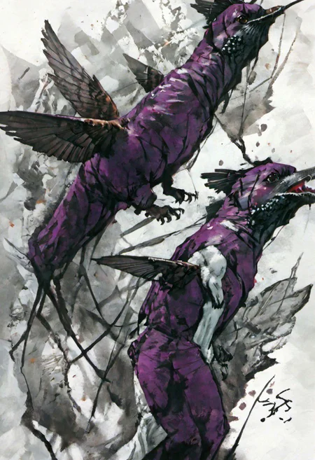 style inspiration Art by Jim Mahfood, Henry Asensio, Vector Create a tattoo with an exquisite ink design on white paper that makes the perfect multi-exposure piece of art. This piece was designed to combine the dimensional hue of purple hibiscus with the hyper-realistic style of a hummingbird. Tattoo, Minimal Solid Letterhead, Dark Fantasy, Poster, Photography, Painting. Vivid, Fashion, Wildlife Photography, Concept Art,