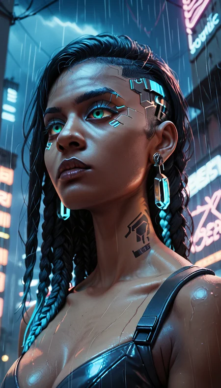 score_9, score_8_up, score_7_up, score_6_up, score_5_up, score_4_up, a highly detailed digital image of a black woman, 1 woman, black woman, dark skin, cyberpunk, glowing neon, glowing blue body, intricate bodysuit with cybernetic implants, makeup, glowing neon earrings, multicolor blue glowing box braids, cyberpunk city, night, rain, low angle, close up<lora:Black_Woman_v3-000006> <lora:detailed_notrigger> <lora:lukethighwalkerneonponyv6> <lora:Pony_XL_Colorful_Box_Braids>