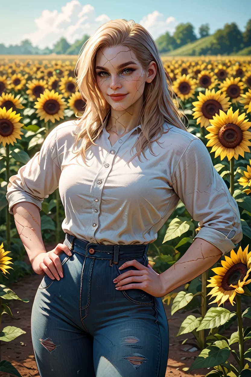 score_9, score_8_up, score_7_up, score_6_up
<lora:BGDameAylin:1.0>
BGDameAylin, 1girl, blonde hair, cracked skin, long hair, looking at viewer, surrounded by sunflowers in a bright field, smiling, with hands on hips