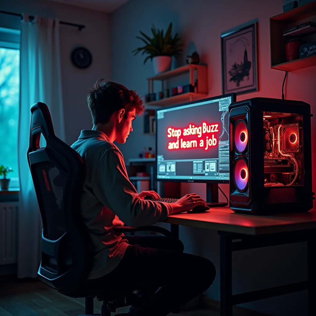 a photo of a nerdy guy in a dark messy bedroom with a computer. On his computer screen we see AI generated images and the red sentence written in red letters "Stop asking Buzz and learn a job".disappointed,realistic, Huge gamer PC tower.