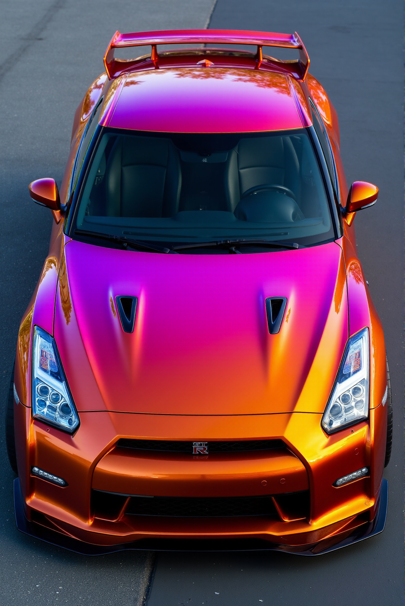 <lora:Nissan_GT-R_R35:0.7>  A slightly from above eye level of a gorgeous Nissan GT-R R35 in all its shining glory. In a style of clean look. The car has orange paint job with violet undertone. Mirror-like, high gloss finish catches bright highlights. Vibrant color palette.