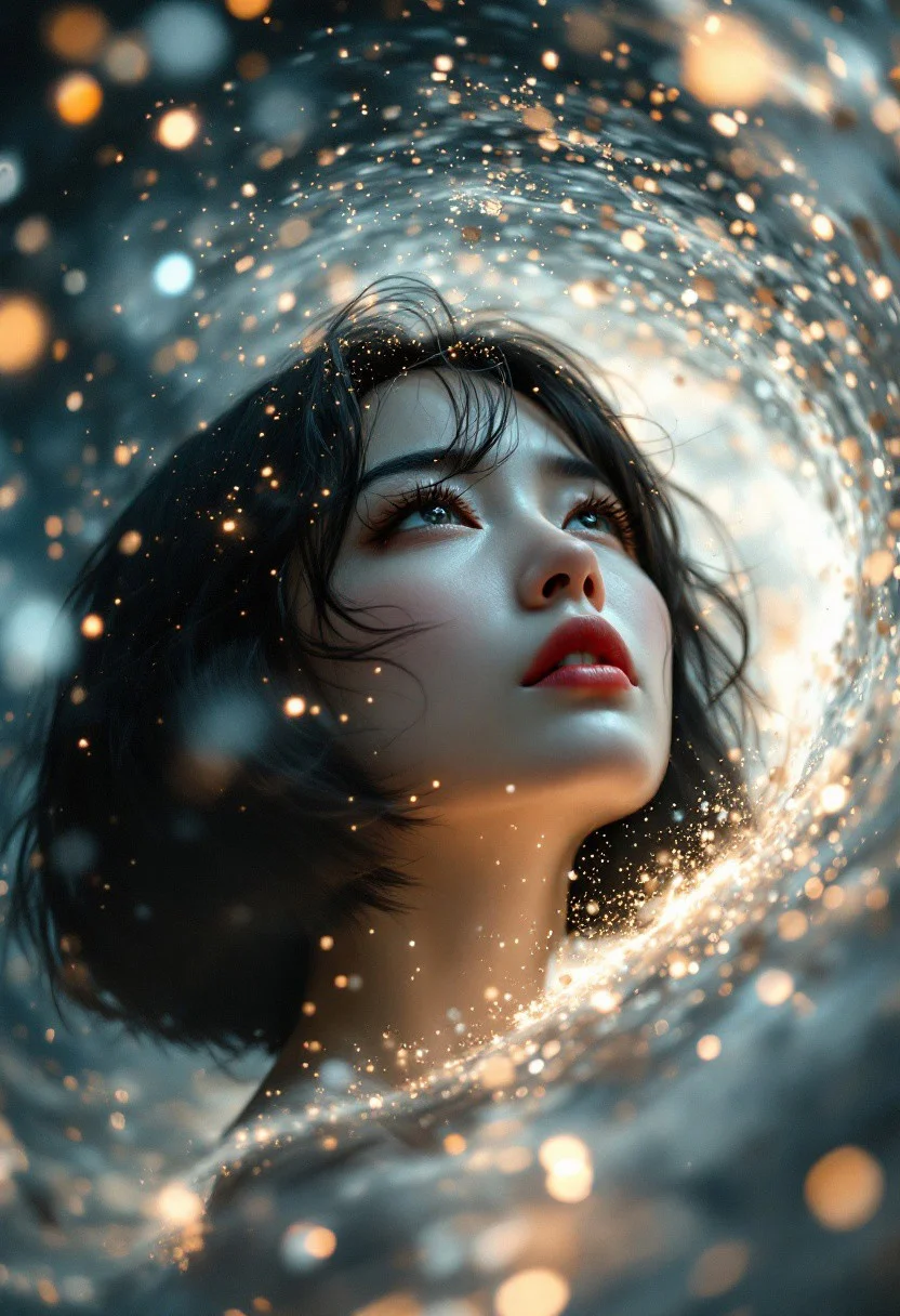 A breathtaking close-up of a female face immersed in a swirl of chaos and serenity. Her expression is intense yet serene, a moment frozen in time as particles of energy and debris spiral around her, suspended mid-air like stardust. Glowing lights—some soft and warm, others sharp and electric—float in the atmosphere, creating a contrast of tranquility and turmoil. The lighting is delicate and ethereal, casting a soft halo over her porcelain skin. She has a short, sleek bob cut, distinctly Japanese in style, with strands of dark hair catching the ambient glow as they drift in slow motion. Her head is tilted downward, but her piercing eyes glance upward, filled with quiet defiance and emotion, as though she's rising from a fall or confronting the storm. The scene feels charged with kinetic energy, an action moment captured in stillness. There are no other elements in the frame—only her face, detailed in exquisite clarity, surrounded by particles that dance like embers and ash in zero gravity. The composition highlights the emotion in her gaze, the flow of her hair, and the surreal beauty of light and motion frozen around her