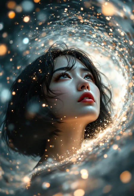 A breathtaking close-up of a female face immersed in a swirl of chaos and serenity. Her expression is intense yet serene, a moment frozen in time as particles of energy and debris spiral around her, suspended mid-air like stardust. Glowing lights—some soft and warm, others sharp and electric—float in the atmosphere, creating a contrast of tranquility and turmoil. The lighting is delicate and ethereal, casting a soft halo over her porcelain skin. She has a short, sleek bob cut, distinctly Japanese in style, with strands of dark hair catching the ambient glow as they drift in slow motion. Her head is tilted downward, but her piercing eyes glance upward, filled with quiet defiance and emotion, as though she's rising from a fall or confronting the storm. The scene feels charged with kinetic energy, an action moment captured in stillness. There are no other elements in the frame—only her face, detailed in exquisite clarity, surrounded by particles that dance like embers and ash in zero gravity. The composition highlights the emotion in her gaze, the flow of her hair, and the surreal beauty of light and motion frozen around her