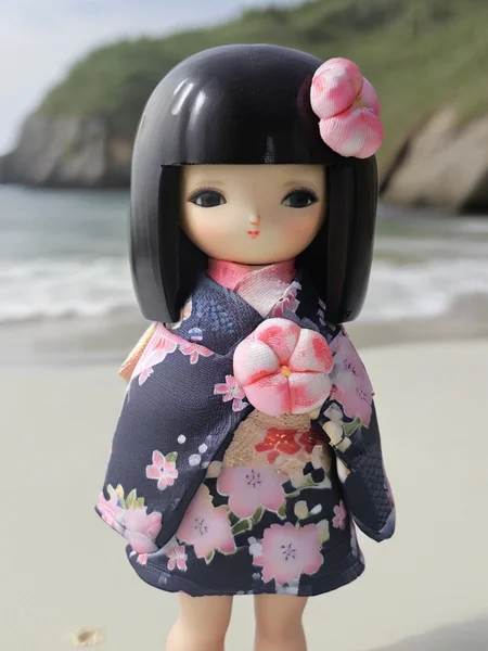 a little MRkokeshiSakura full body doll <lora:MRkokeshiSakura:1> (at the beach:1.4)