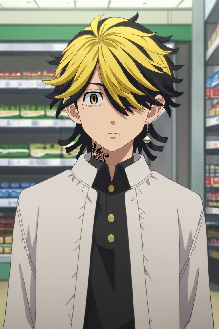 score_9, score_8_up, score_7_up, source_anime, rating_safe, intricate details, anime screencap, anime coloring, , , depth of field, 1boy, solo, male focus, <lora:kazutora_hanemiya_pony:0.92>, kazutora_hanemiya, blonde hair, yellow eyes, short hair, multicolored hair, two-tone hair, black hair, hair over one eye, bangs, , mole, mole under eye, full body, store, convenience store, indoors, legs up, expressionless, butler costume, <lora:sdxl_lightning_8step_lora:1>