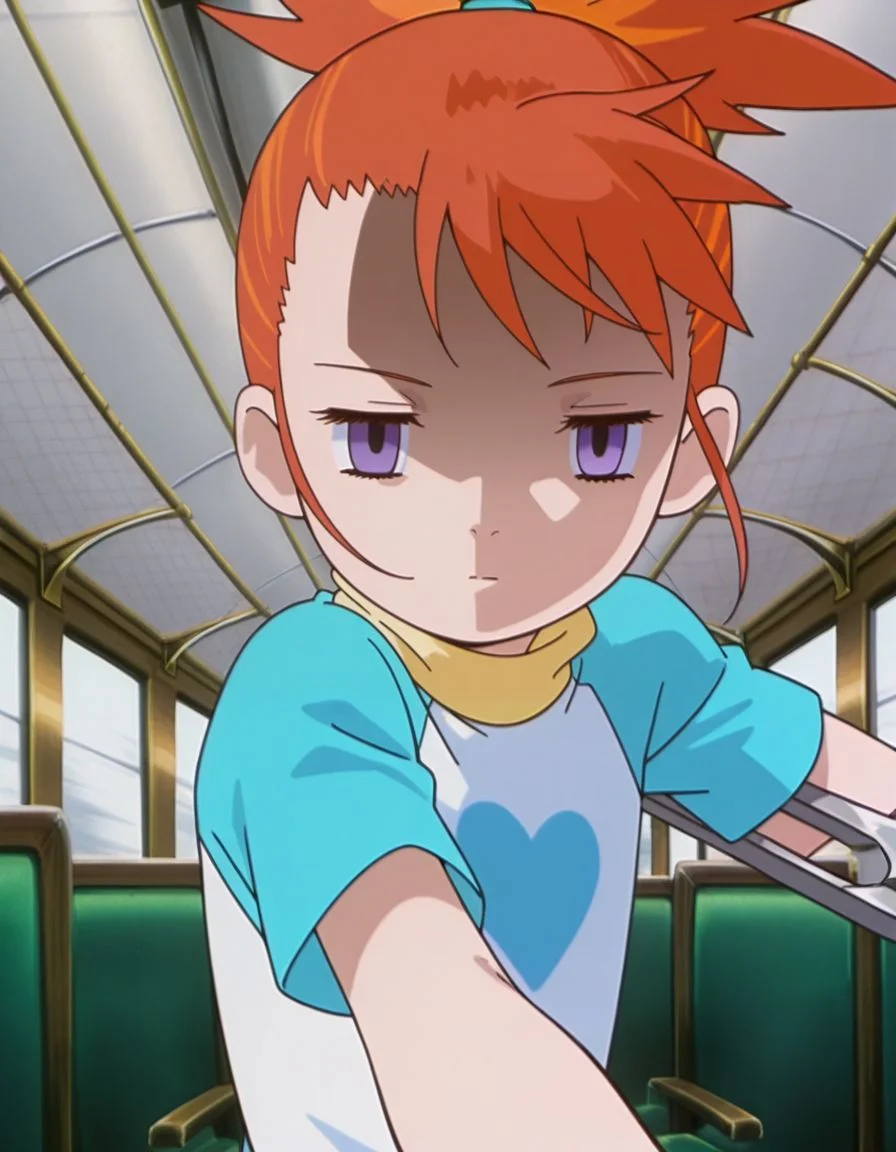 masterpiece, best quality, incoming attack, holding a single long wrench, solo, inside a train background,
, skinny, shaded face, empty eyes, expressionless,
<lora:Mind_Controlled_Rika:1>, rik0, 1girl, orange hair, high ponytail, female child, purple eyes, white heart t-shirt, blue t-shirt, yellow turtleneck,
