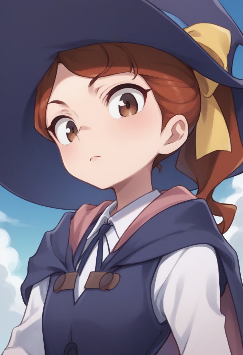 score_9, score_8_up, score_7_up, source_anime, highly detailed, multiple boys,
hannah, 1girl, solo, luna nova school uniform, school uniform, 
ponytail, looking at viewer, upper body, brown hair, brown eyes,
white shirt, hair bow, shirt, ribbon, bow, long sleeves, vest, 
blue vest, yellow bow, yellow ribbon, witch, hat, witch hat, cape
outdoor, sky