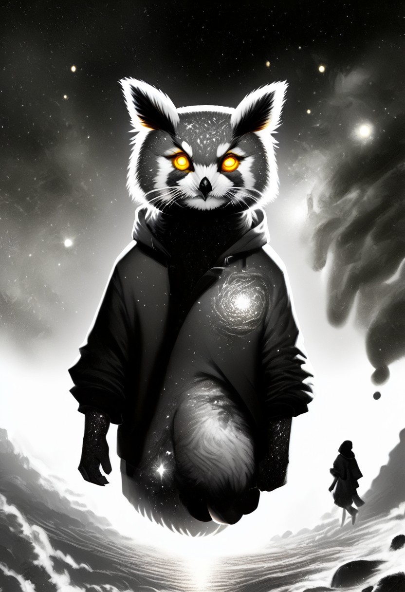 Score_9, Score_8_up, Score_7_up, lora:Navi_Celestial_Skin_PonyXL:1.1 nv-celestialskin, redpandafolk, rabbitfolk, owlfolk, foxfolk, sketch, monochrome, greyscale, YR_GradLight, 0u73r5p4c3, space, planet, nebula, galaxy, asteroid, GalaxyTelepurteSDXL, StarrySkies, scenery, stars (sky), background, night sky, vibrant colored skin, void cosmic body, deep black skin, ethereal silhouette, nebula patterns, animal theme focus, majestic owl