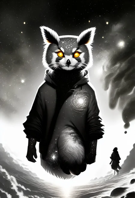 Score_9, Score_8_up, Score_7_up, lora:Navi_Celestial_Skin_PonyXL:1.1 nv-celestialskin, redpandafolk, rabbitfolk, owlfolk, foxfolk, sketch, monochrome, greyscale, YR_GradLight, 0u73r5p4c3, space, planet, nebula, galaxy, asteroid, GalaxyTelepurteSDXL, StarrySkies, scenery, stars (sky), background, night sky, vibrant colored skin, void cosmic body, deep black skin, ethereal silhouette, nebula patterns, animal theme focus, majestic owl