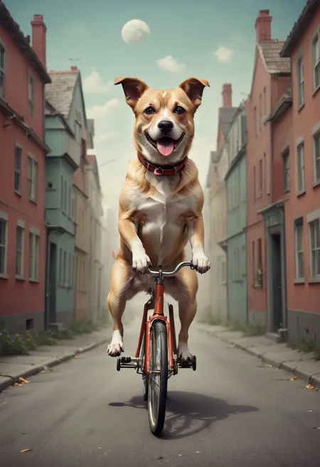 Dog riding a bicycle, surreal